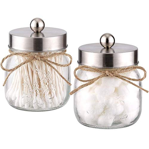 Elwiya 2Pack Mason Jar Qtip Holder Premium Glass with Stainless Steel