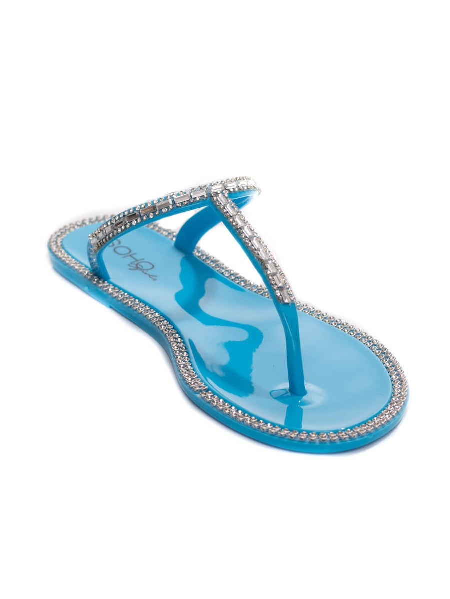 Soho Shoes Ladies Jelly Slip On T-Strap Flat Sandals with Gemstones ...