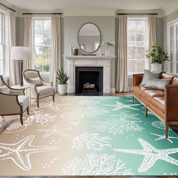 Large Area Rugs for Living Room Bedroom, Green Ombre Coastal 8'x10' Rug Washable Carpet Runner Indoor Outdoor, Sea Nautical Summer Beach Starfish Coral Non Slip Floor Mats Rug for Kitchen, Patio