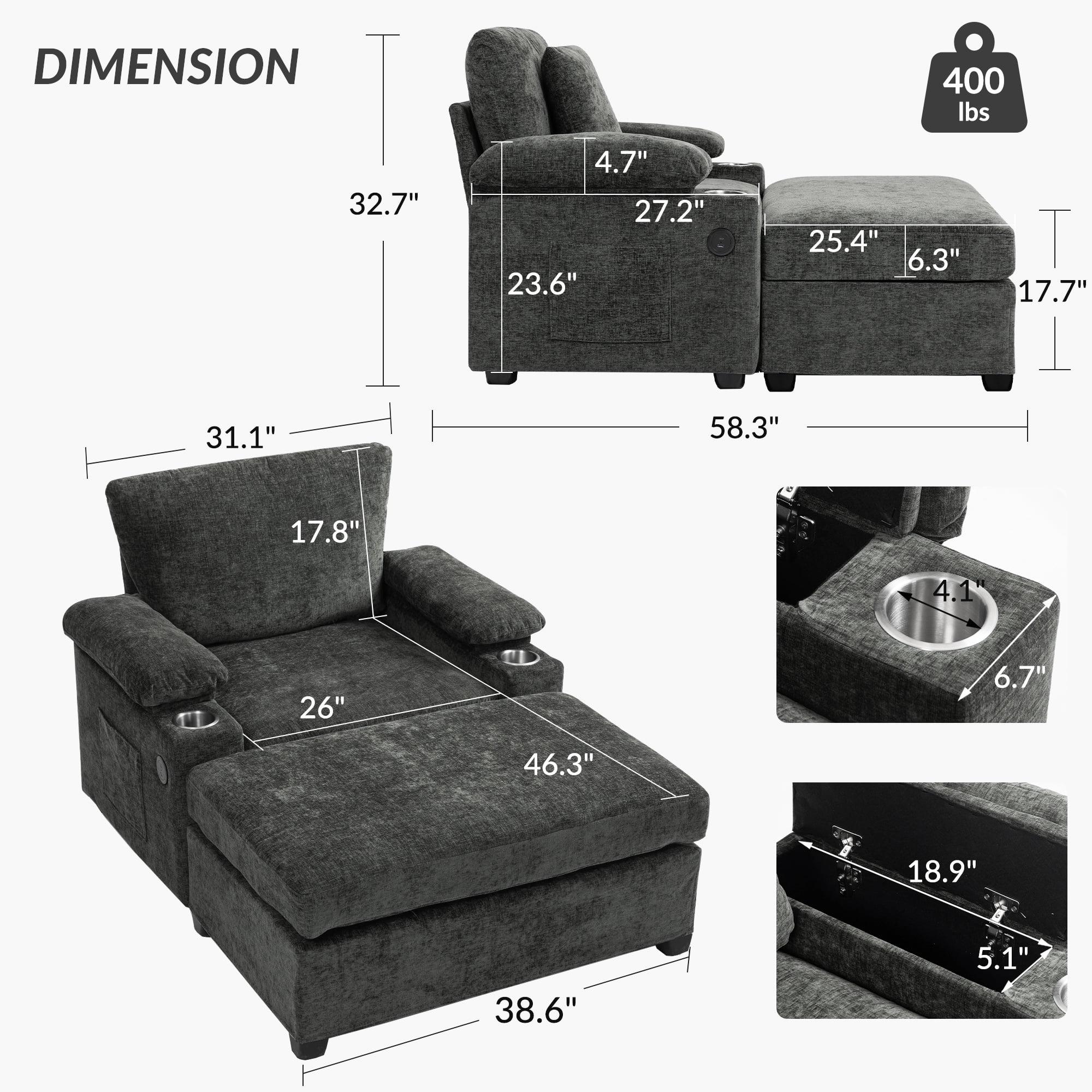 Aukfa 58" Chaise Lounge Oversized Sofa Chair with 2 Cup Holders&USB Ports, Chenille, Dark Gray