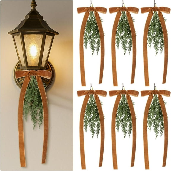 laqbezok 6 Pcs Artificial Christmas Teardrop Swag with Brown Velvet Bow, 16" Vintage Faux Pine Needles Light Swag Festive Sconce Lighting Decor for Xmas Holidays