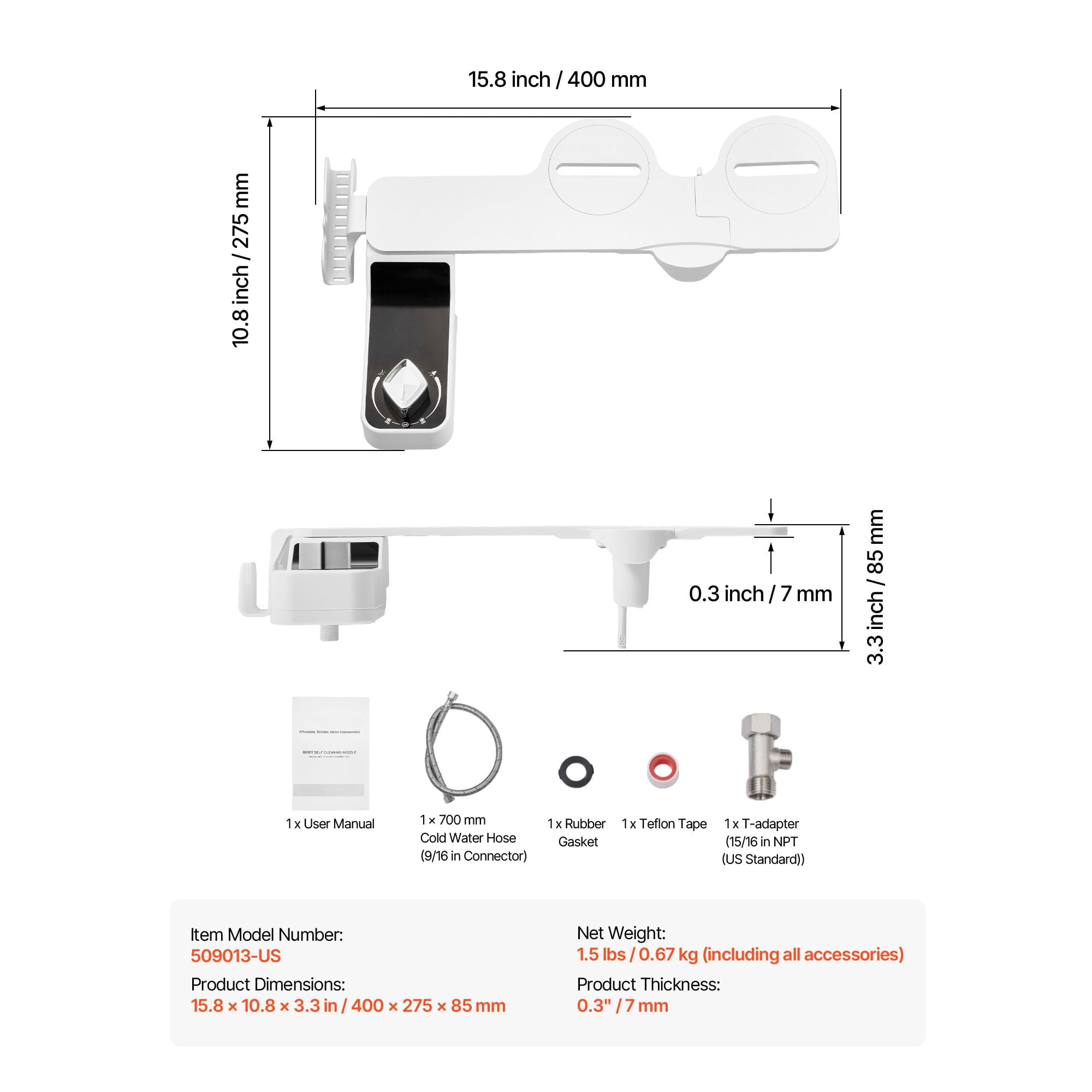 Bidet Attachment for Toilet, Dual Nozzle with Feminine and Rear Wash, Retractable Nozzle with Splash Guard, Adjustable Water Pressure, Easy 0.3-Inch Slim Installation