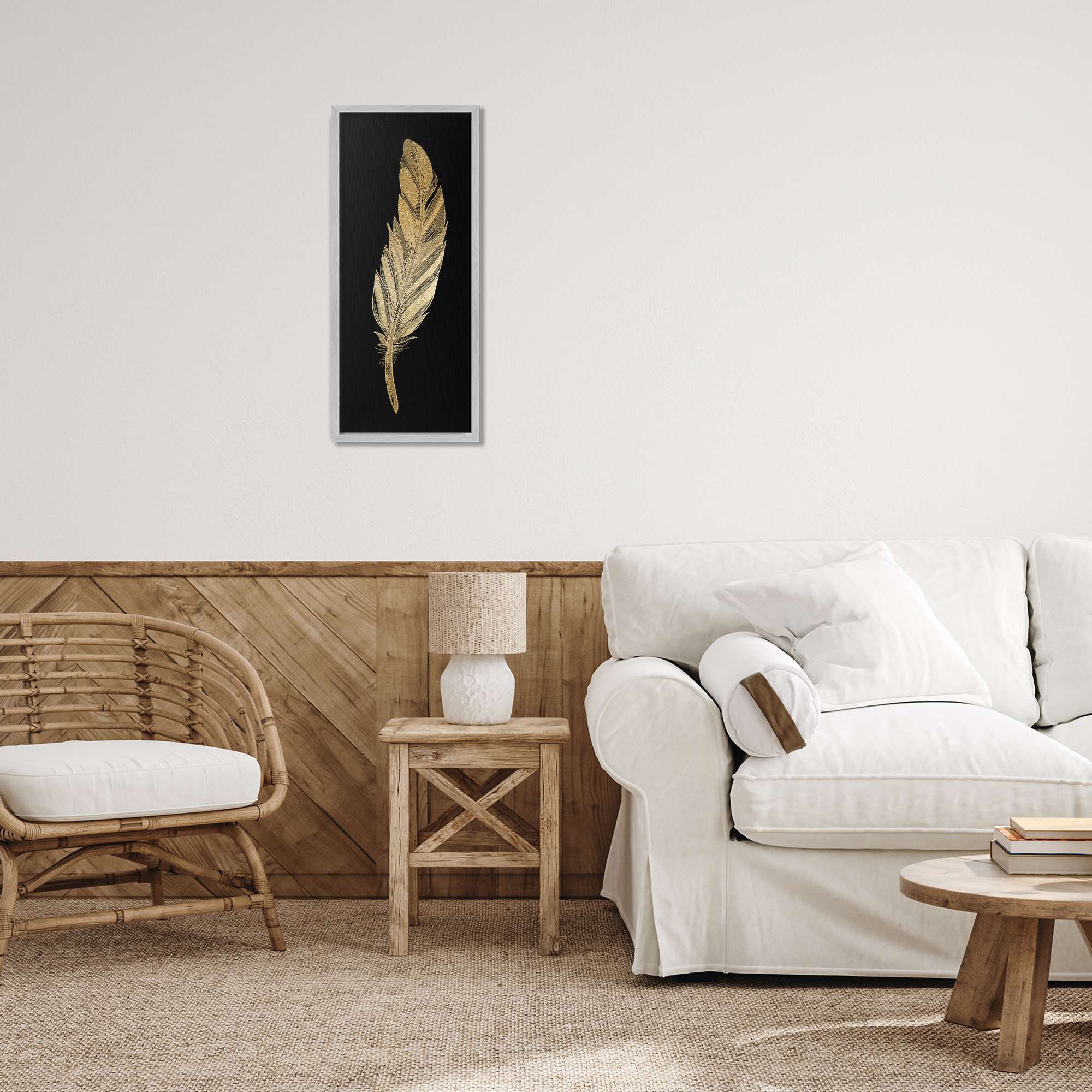 Glam Feather Black & Gold Gray Framed Giclee Art, design by Kim Allen
