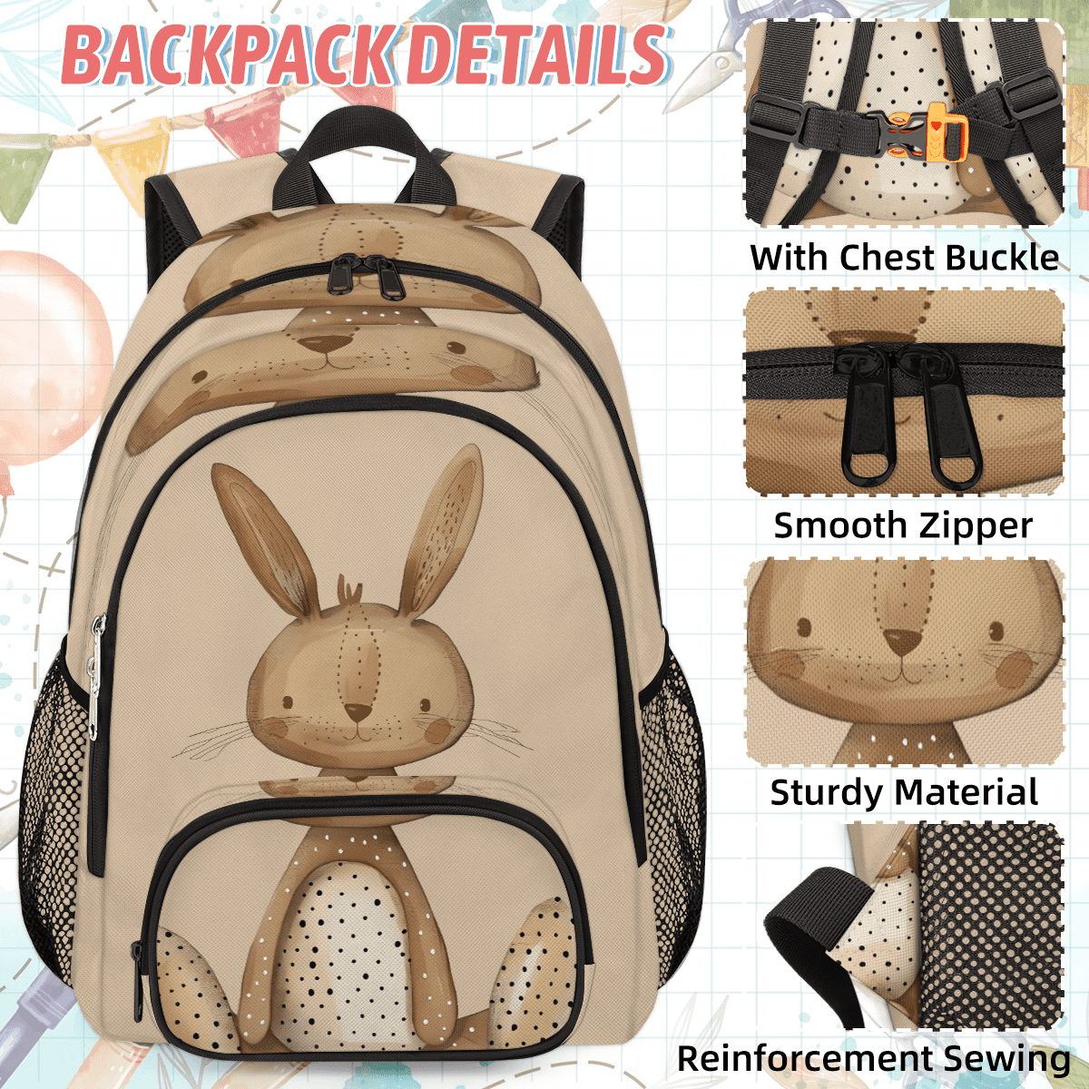 Herdesigns Cute Bunny Large Backpack Set with Lunch Box Lightweight Water Resistant Travel Laptop Backpacks Casual Daypacks for Women Men