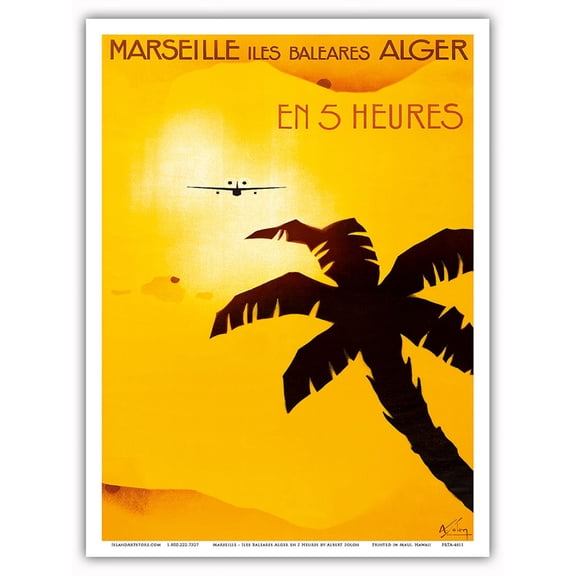 Marseille France - Balearic Islands - Algiers in 5 hours - Vintage Airline Travel Poster by Albert Solon - Master Art Print (Unframed) 9in x 12in