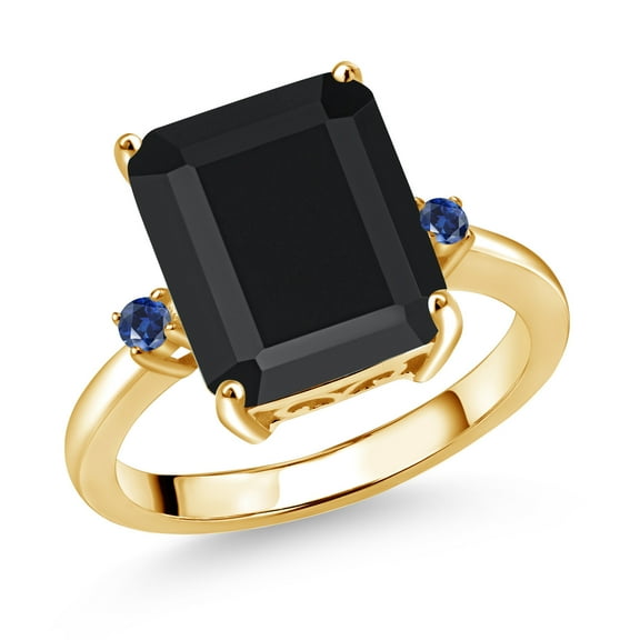 Gem Stone King 18K Yellow Gold Plated Silver 12X10MM Black Onyx and 2MM Blue Created Sapphire 3 Stone Engagement Ring for Women | 5.86 Cttw | Gemstone December Birthstone | Size 9