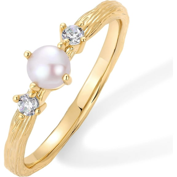 14K Gold Plated Pearl Hammered Ring for Women | Dainty Elegant Stackable Cubic Zirconia Thin Band for Women