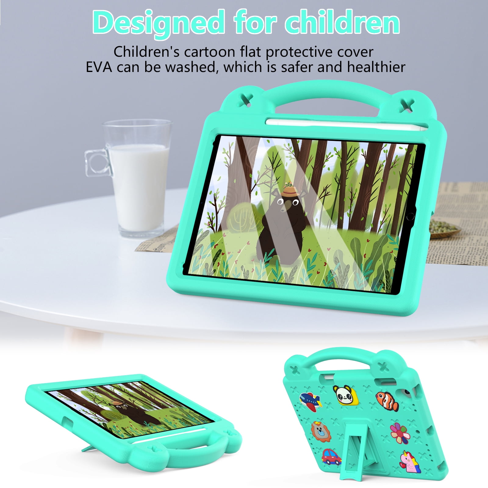 ELEHOLD Kids Case for iPad 6th/5th Gen/Pro (2018/2017/2016) 9.7 inch, EVA Foam Cute Cartoon Case with Built-in Kickstand Pencil Holder Shockproof Portable Case for iPad 9.7"/iPad Air/Air 2,Mintgreen