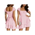 thumbnail image 3 of Aojekbee Women's Mini A-Line Dress Solid Color Ruffled Sleeves Neck Layered Hem Dress, 3 of 10