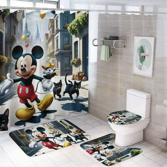 Mickey 4PCS Shower Curtain Bathroom Set with Rugs, Toilet Lid Cover And Bath Mat, Shower Curtain with 12 Hooks, Durable Bathroom Decor Set