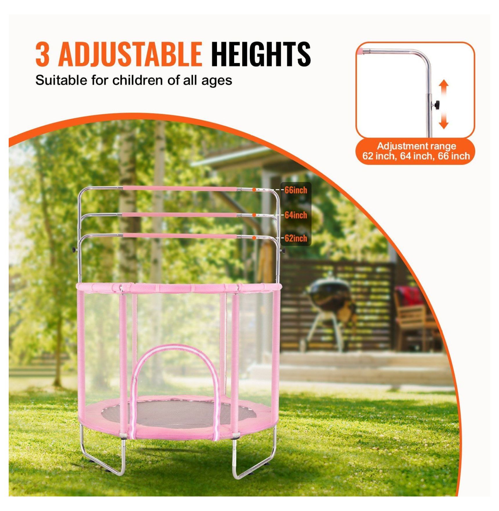 55" Kids Trampoline with Net & Enclosure, Mini Toddler Trampoline Indoor Outdoor, Adjustable Height, Basketball Hoop, Swing, Gifts for Ages 3-12