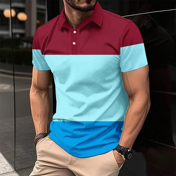 pstuiky Mangas cortas para hombre, Camisa deportiva de manga corta con solapa y botones a rayas de patchwork para hombre camisetas de hombre xxl