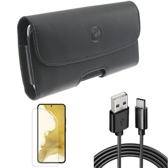 Case Belt Clip & 6ft USB Cable & Matte Screen Protector for Samsung Galaxy S22 (6.1") - Leather Holster & Type-C Charger Cord & TPU Film Anti-Glare Accessory Bundle