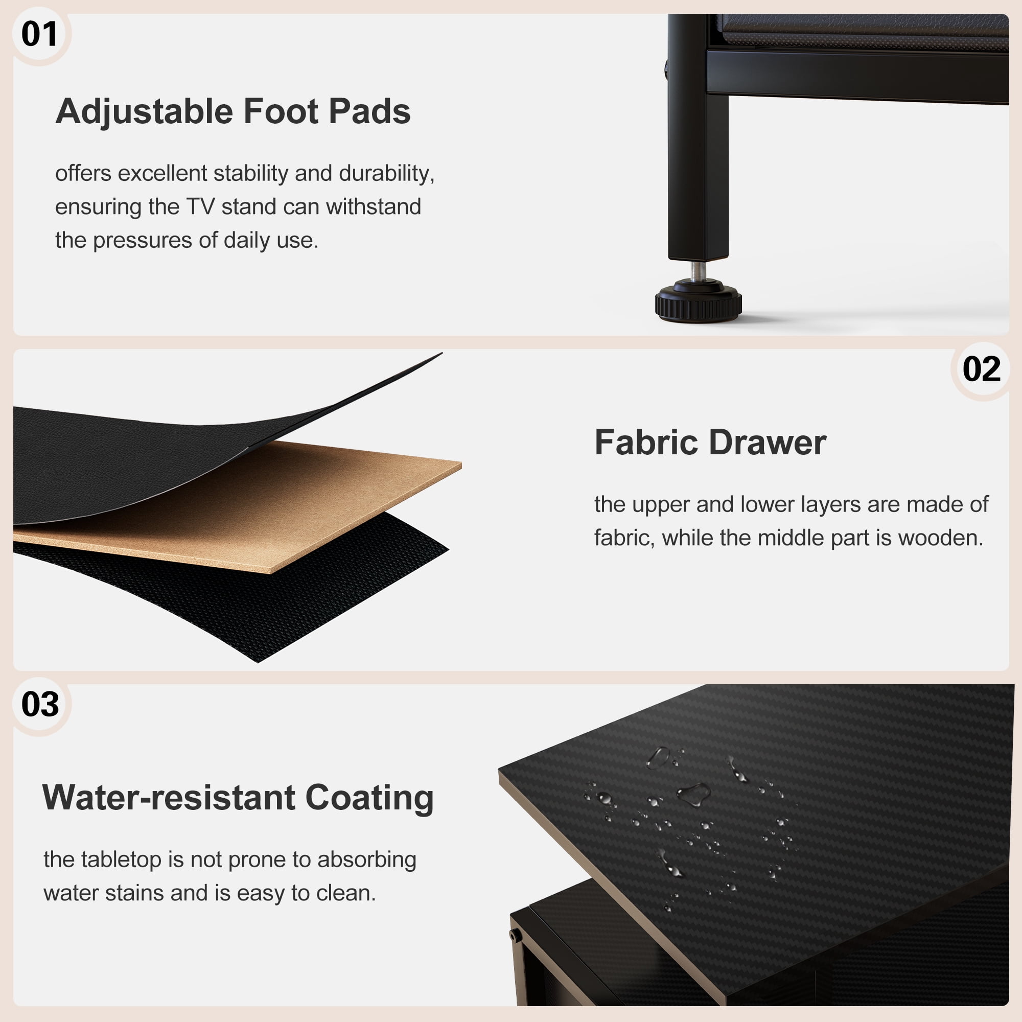 GUNAITO TV Stand with Adjustable Mount for TV up to 75", Big TV Stand for Living Room with 7 Fabric Drawers , Black