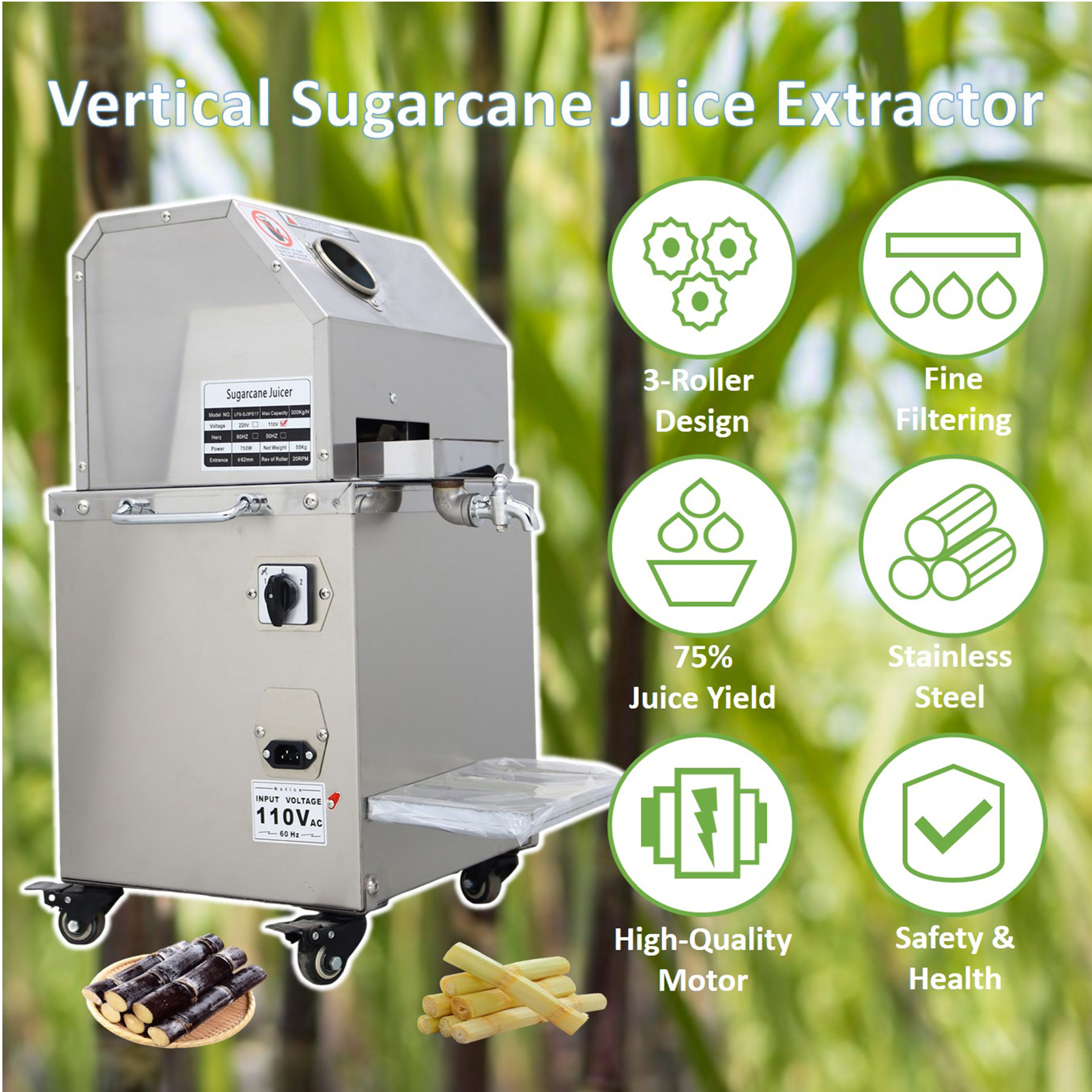 Vertical Electric Sugar Cane Ginger Press Juicer Commercial Sugarcane Juice Extractor 3 Rollers 660 lbs/h