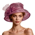 thumbnail image 2 of Church Dress Hat Flower Wide Brim Bridal Tea Party Wedding Hat for Women,Wine, 2 of 7