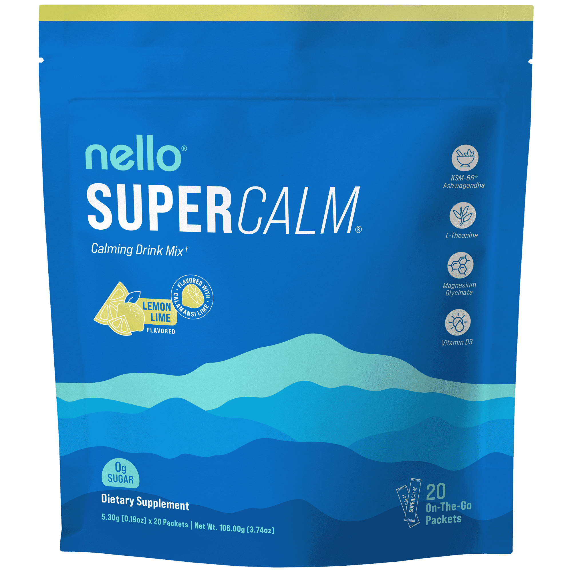 Nello Supercalm Drink Mix - Ashwagandha KSM 66, Magnesium Glycinate & L-Theanine Supplement - Ashwagandha Root Extract - Focus and Relaxation Support, Lemon Lime, 20 Count
