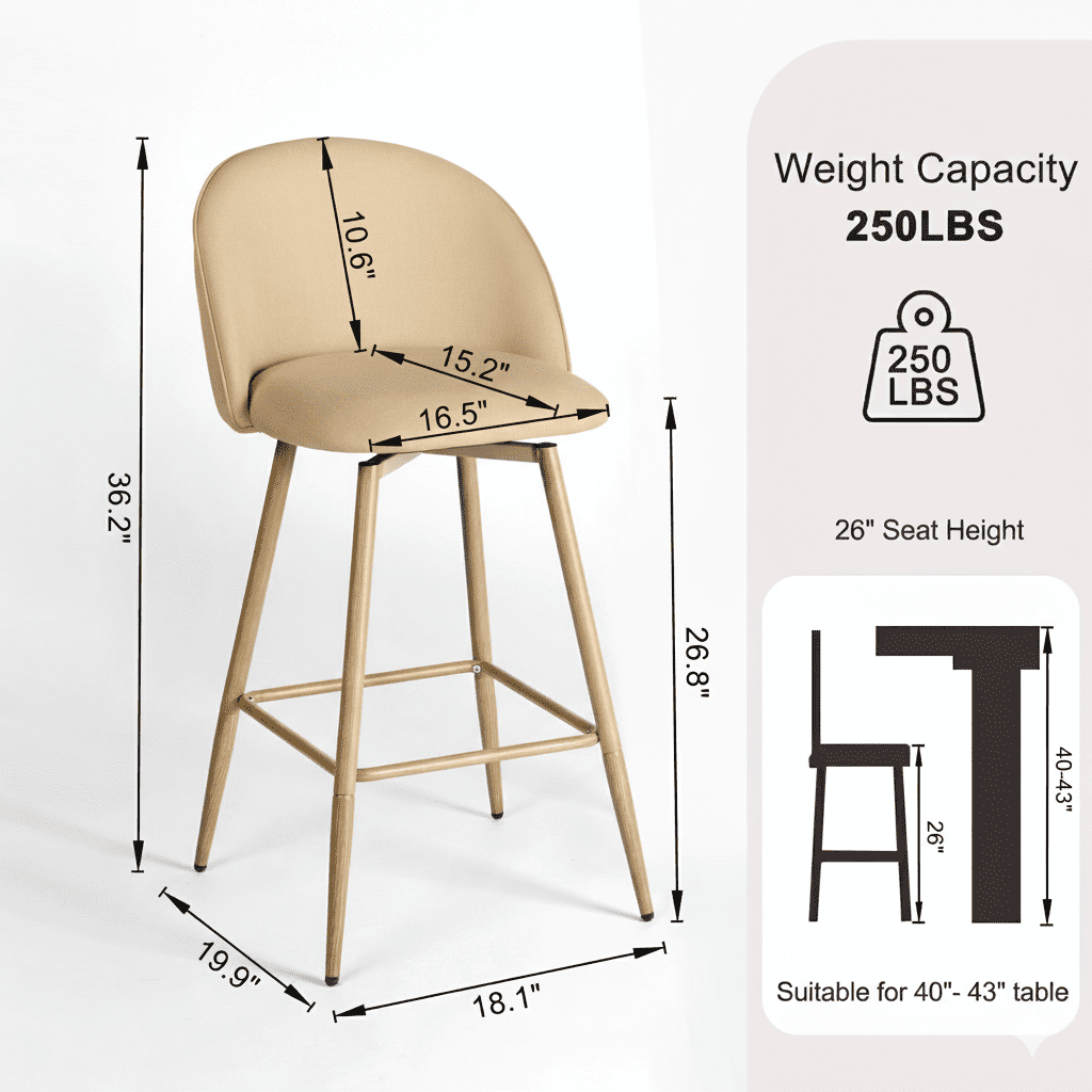 Homy Casa Set of 2 Contemporary Bar Stools, 26 in. Seat Height with Fabric Upholstery and Faux Wooden Legs