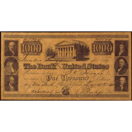 US Bank Banknote 1840 None Thousand Dollar Banknote Issued In 1840 By The Bank Of The United States Rolled Canvas Art - (24 x 36)