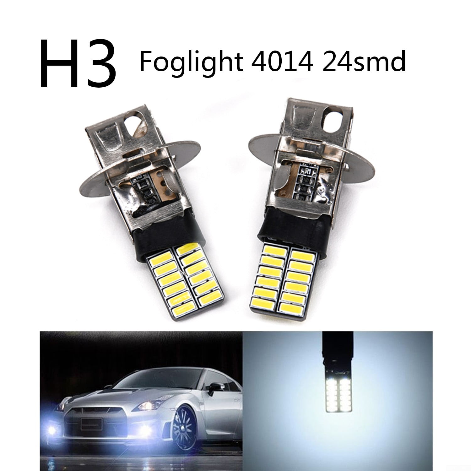 2pcs H1/H3 6500K 24-SMD 4014 Super Bright LED White Fog Tail DRL Head Light Bulb 