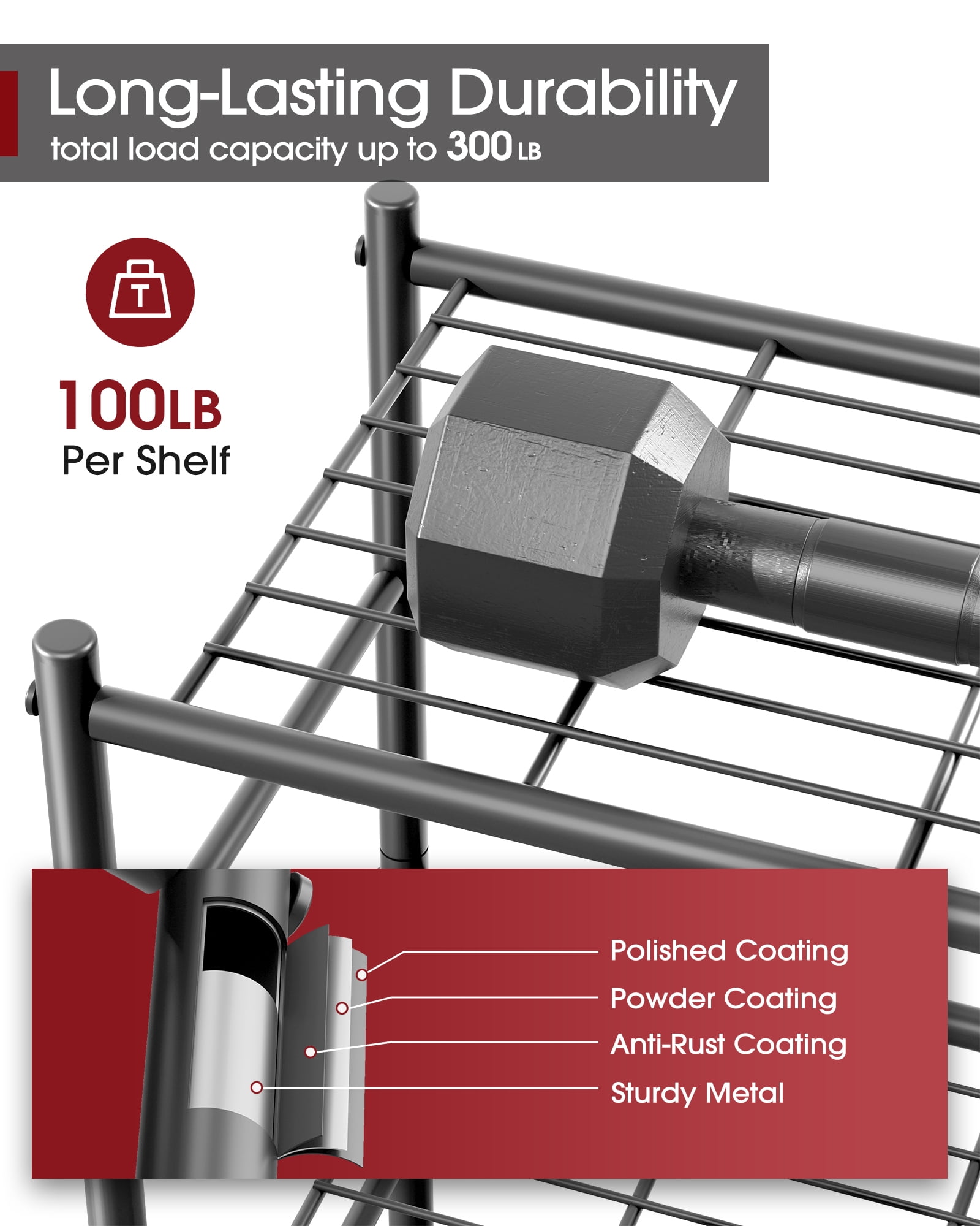 Sakugi 5-Tier Metal Storage Shelves, 18" W x 12" D x 56" H, 750 lb Total Capacity, Rust-Proof Storage Rack