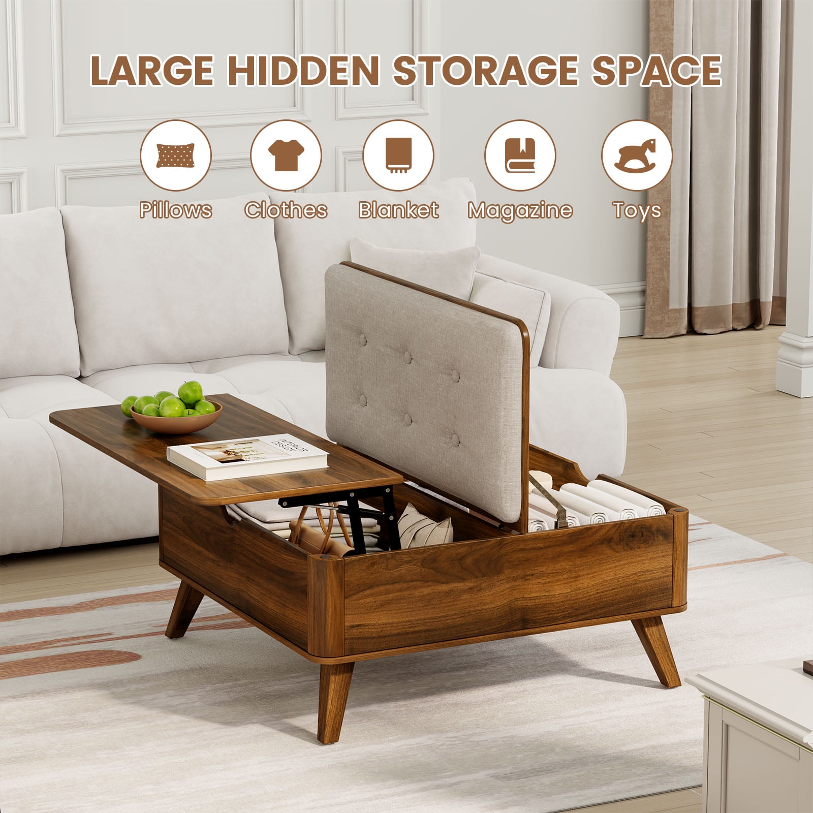 Flycity Large Square Lift-Top Coffee Table with Storage, 3 in 1 Multi-Function Convertible Ottoman Bench, Farmhouse Upholstered Coffee Table with Wooden Legs for Living Room & Bedroom (Brown)