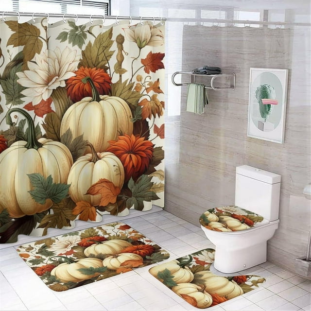 Faty-T Rideau de Douche Ensemble de 4 Pcs Citrouilles Fleurs Ensembles de Salle de Bain avec Rideau de Douche et Tapis 4 Pcs Saisonnier Récolte d'Automne Vintage Action de Grâce Rideau de Douche avec 12 Crochets pour Décoration de Baignoire