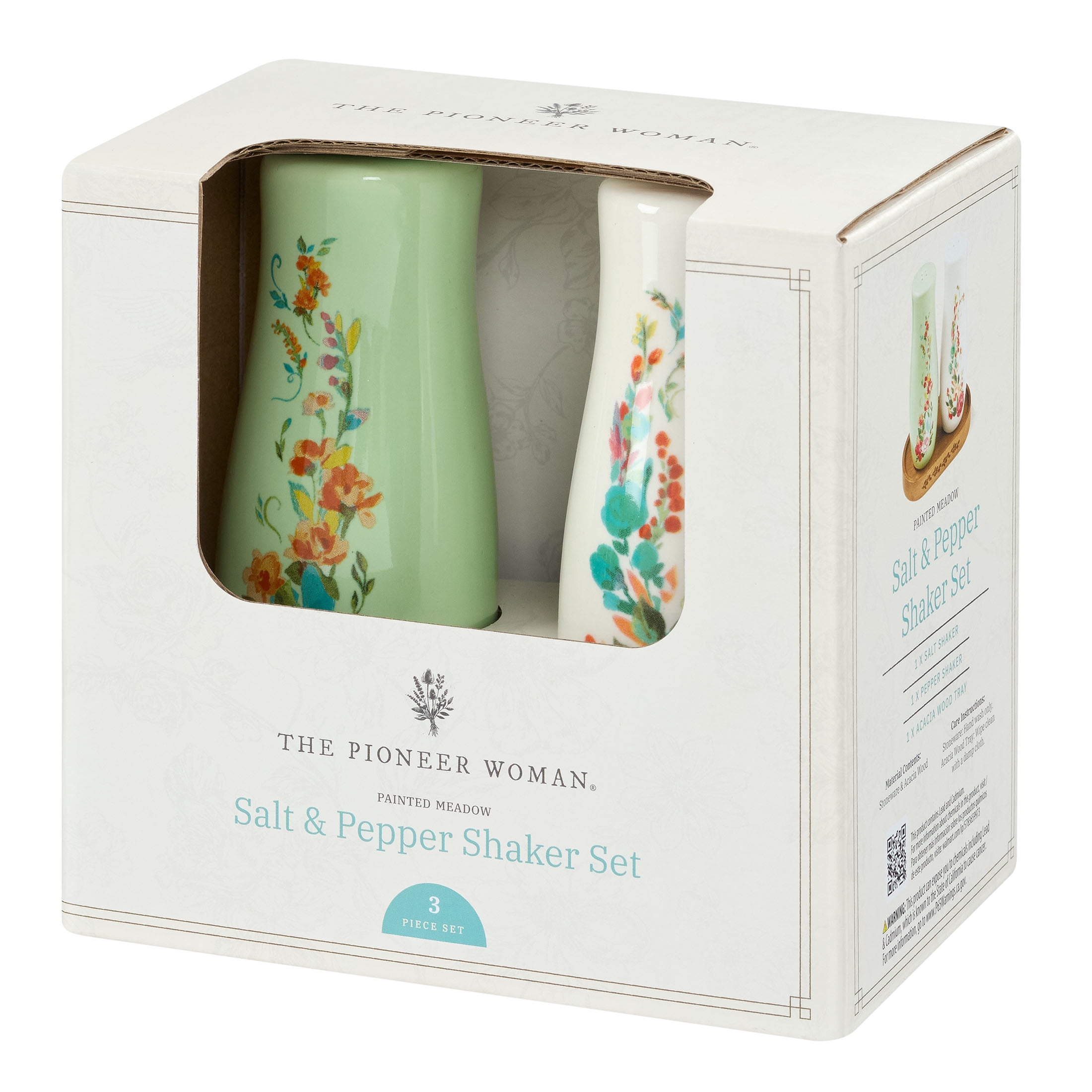 (8 pack) The Pioneer Woman Ceramic Painted Meadow 3 Pieces Salt & Pepper Shakers with Acacia Wood Tray Set, Made for Seasoning Storage and Serving