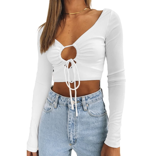 Sunloudy Suéter de color sólido para mujer, blusas cortas sin espalda de manga larga con cuello en V profundo, S / M / L / XL Sunloudy moda