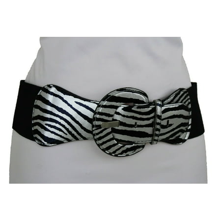 Women Black Silver Zebra Animal Print Elastic Fashion Belt Round Buckle