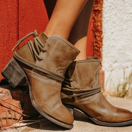

FZM Women shoes Women s Winter Fashion Squared Heel Vintage Round Toe Lace Up Ankle Boots