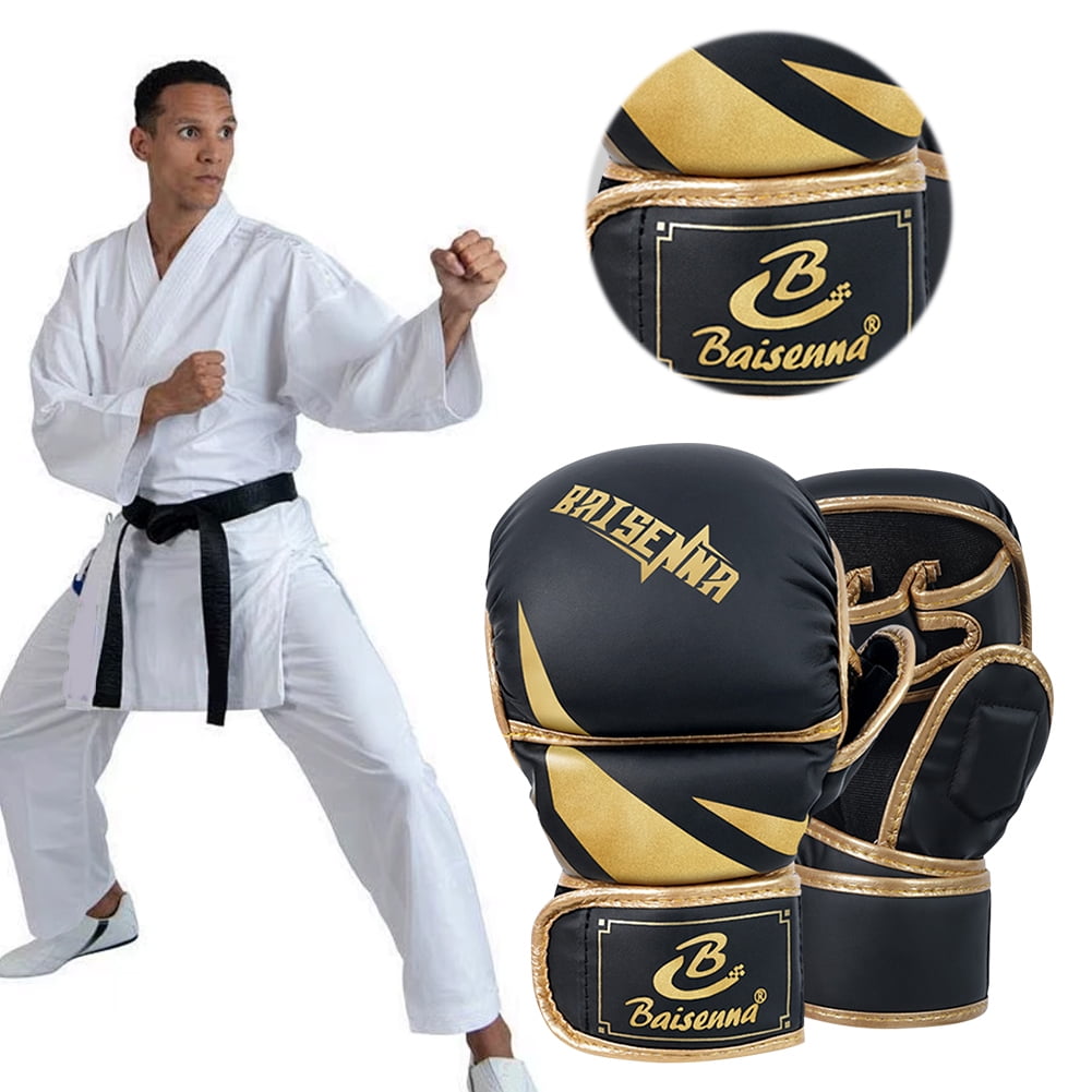 Half Finger Boxing Gloves Thickened Heavy Punching Bag Gloves Exercise Training PU Leather Sponge Gym Mitts Gloves(Children Black Gold)