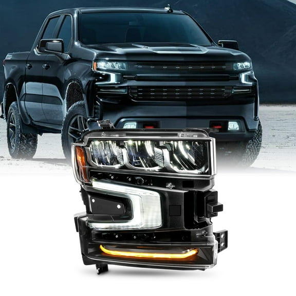 AKKON - Fits 2019-2021 Chevy Silverado 1500 [FULL LED] Black Headlight Passenger Right Replacement w/LED Running Tube