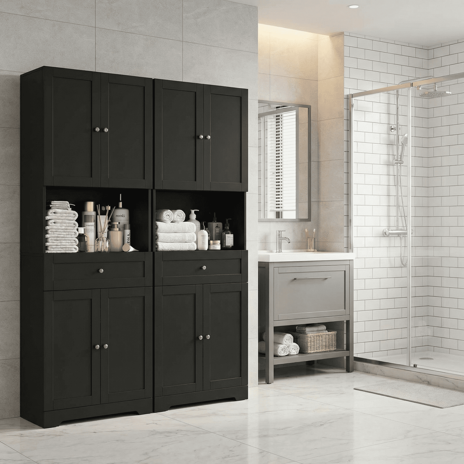 Homfa 67.5" Tall Farmhouse Bathroom Storage Cabiet with Drawer, 4 Door Modern Freestanding Storage Cabinet Cupboard, Black