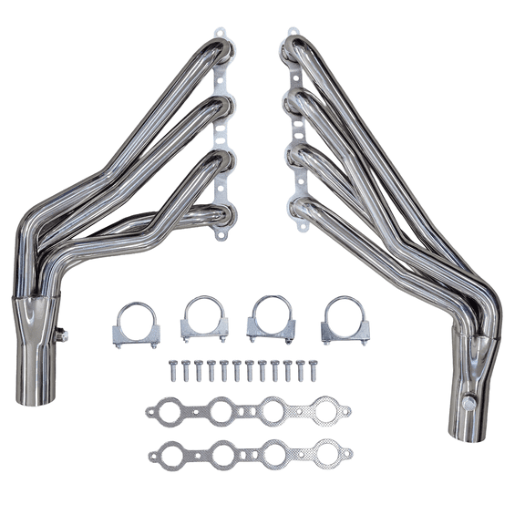 Long Tube Exhaust Headers with Y-Pipe 1999-2007 Chevy Silverado GMC Sierra Tahoe Yukon Suburban Escalade GMT800 4.8 5.3 6.0 6.2 V8 2WD 4WD Polished 304 Stainless Steel 1 3/4" Primary 3 Inch Collector