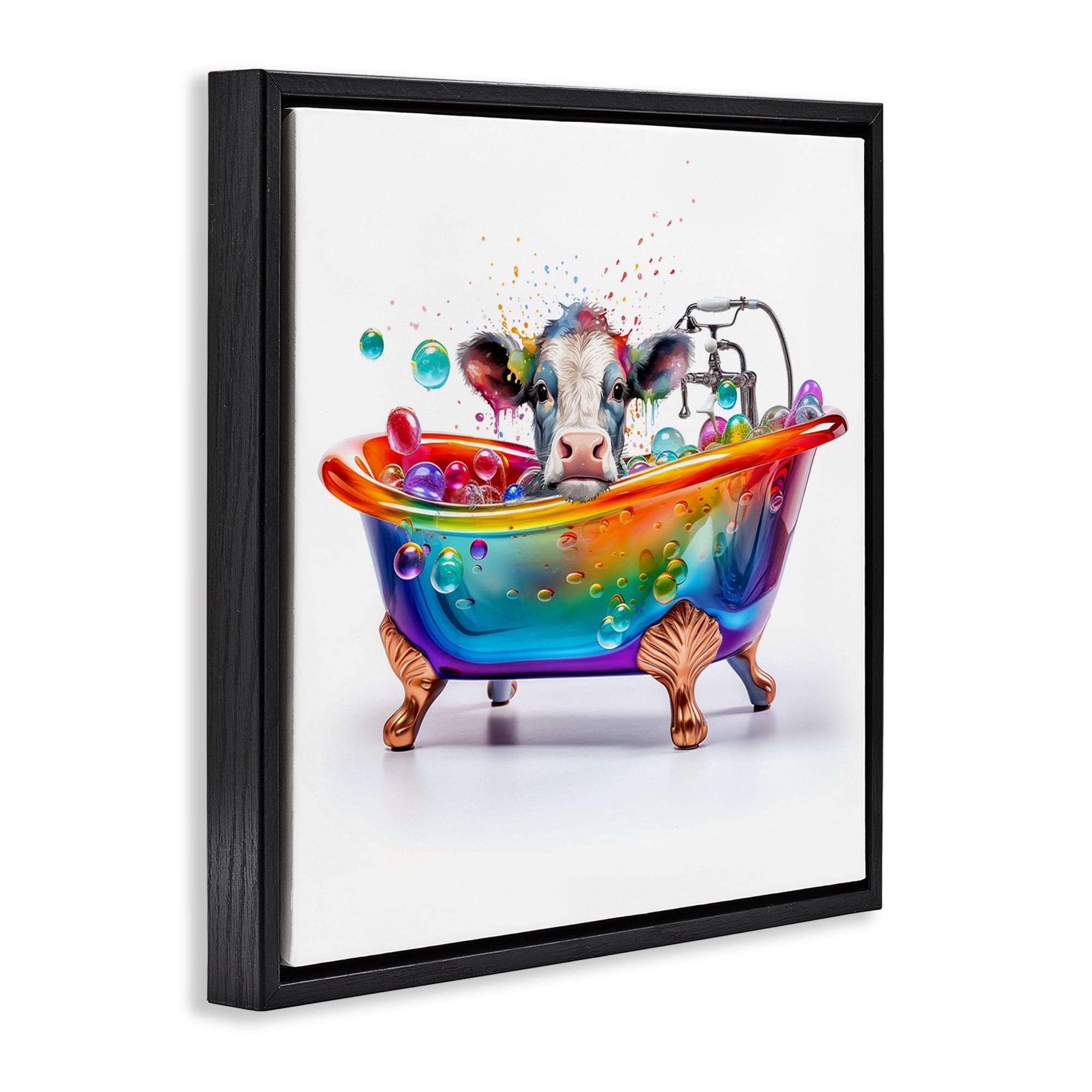 Stupell Industries Cow in Rainbow Bath Typography Painting Black Floater Framed Canvas Art Print Wall Art, 25 x 25