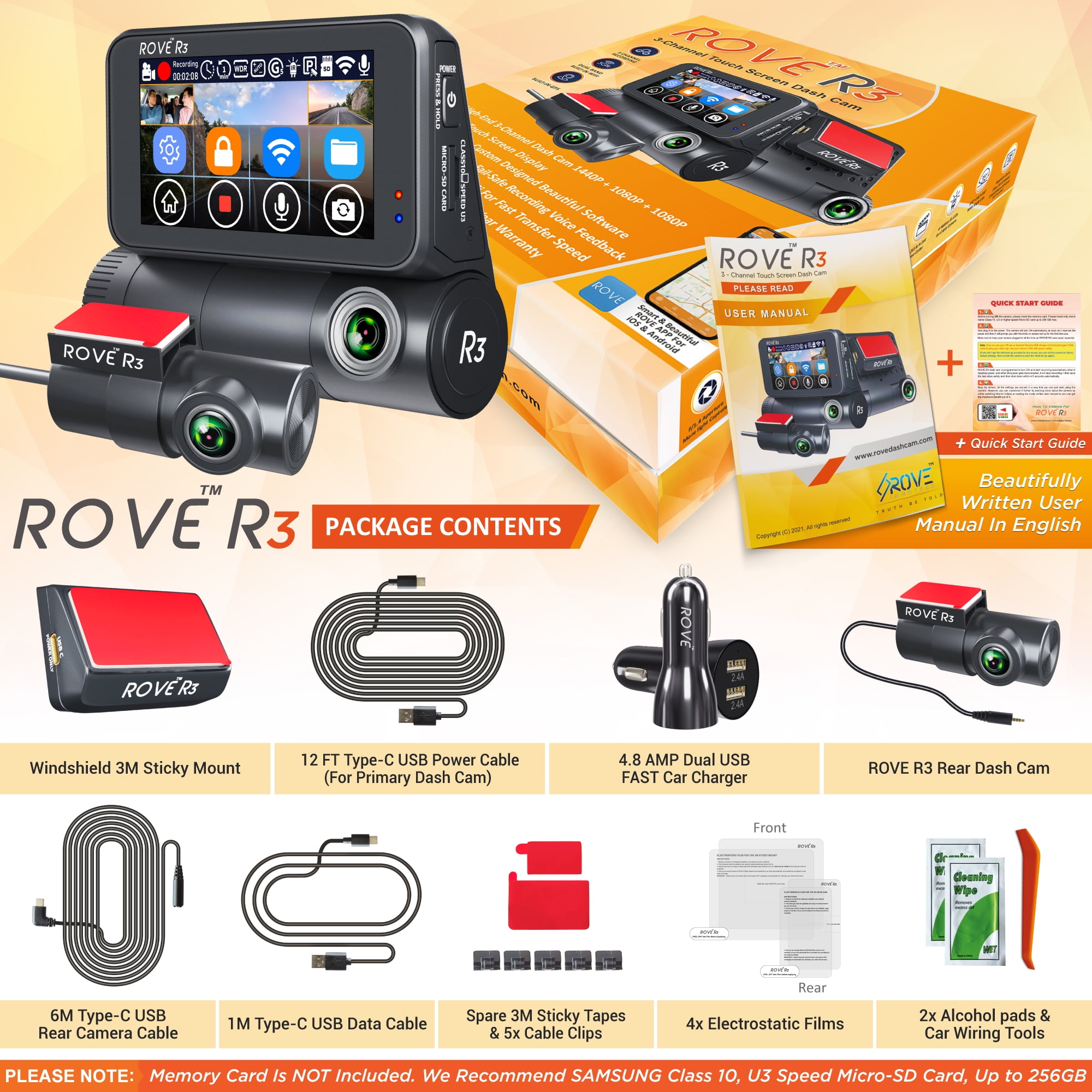 ROVE R3 Dash Cam 2023, caméra de tableau de bord de voiture à écran tactile  3 ca