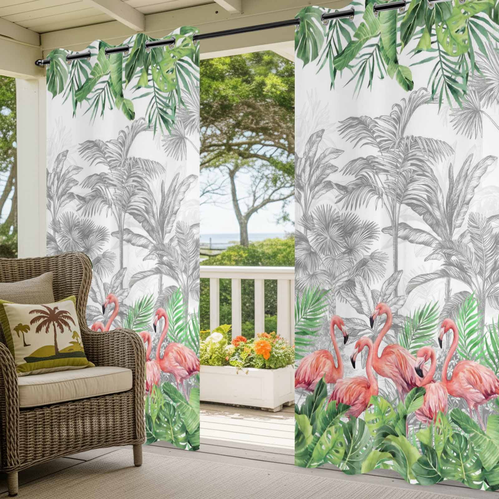 Summer Tropical Outdoor Curtains for Patio, Pink Flamingo Jungle Green Palm Leaves Grey Sunshade Privacy Drapes Grommet Waterproof Outside Curtains for Porch/Cabana/Balcony 54"x 108", 1 Panel