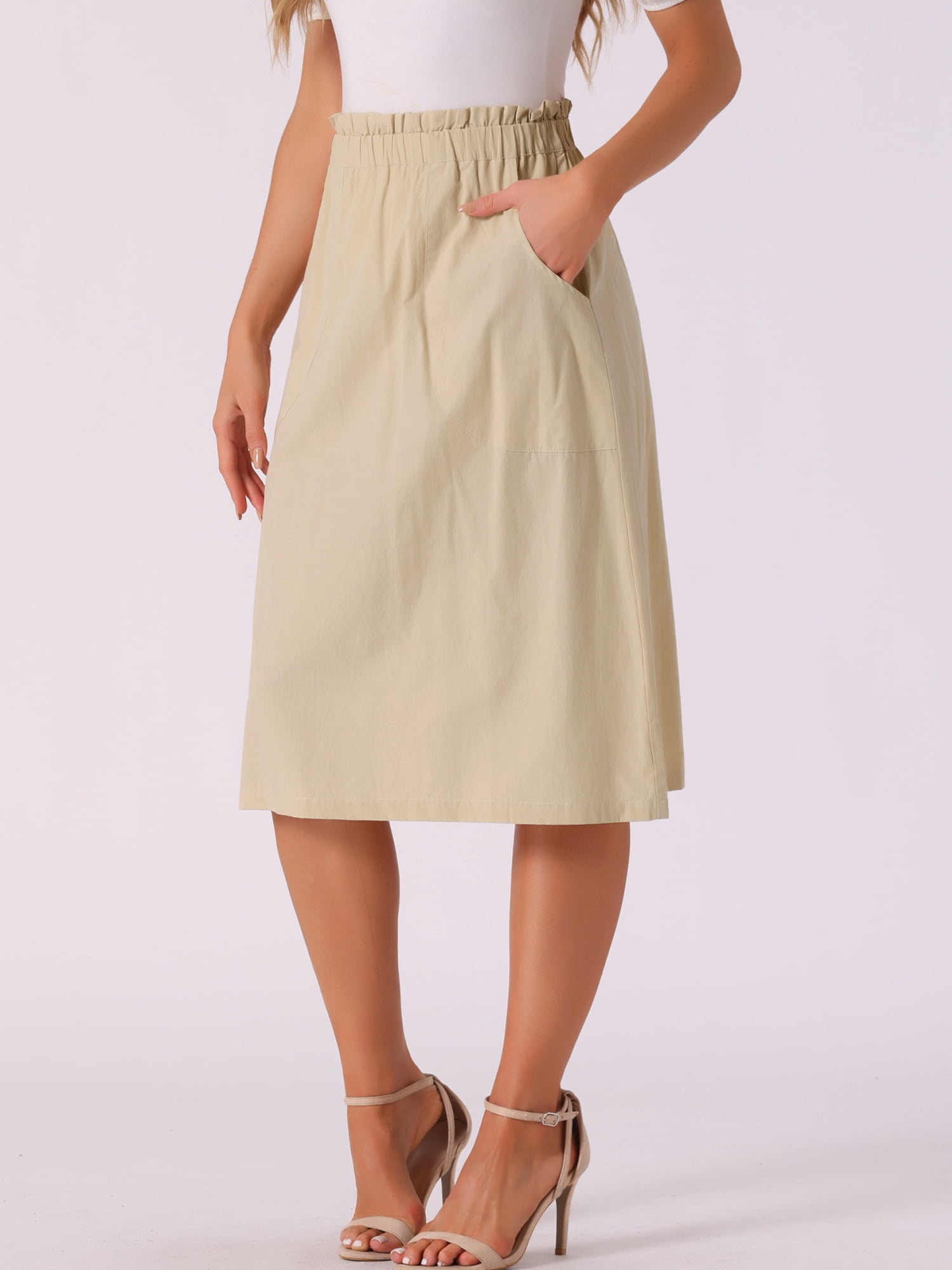 DARING DIVA Women's Cotton A-Line Midi Skirt with Pockets M Khaki