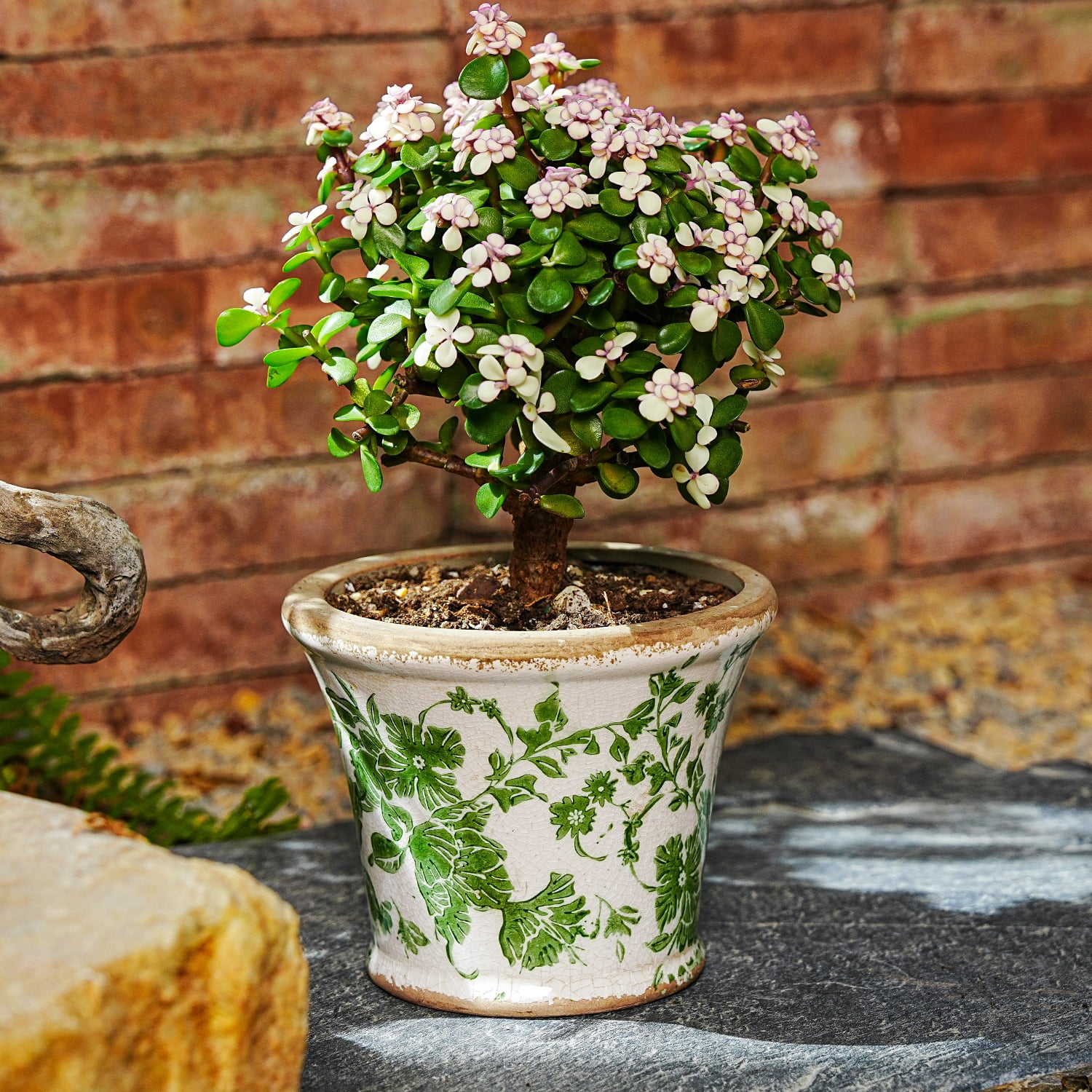 Sungmor Set of 2 Vintage Ceramic Flower Pots with Drainage Hole - Rustic Farmhouse Planters with Crackle Glaze & Floral Prints - Indoor Outdoor Decorative Plant Pots for Succulents, Herbs, Flowers