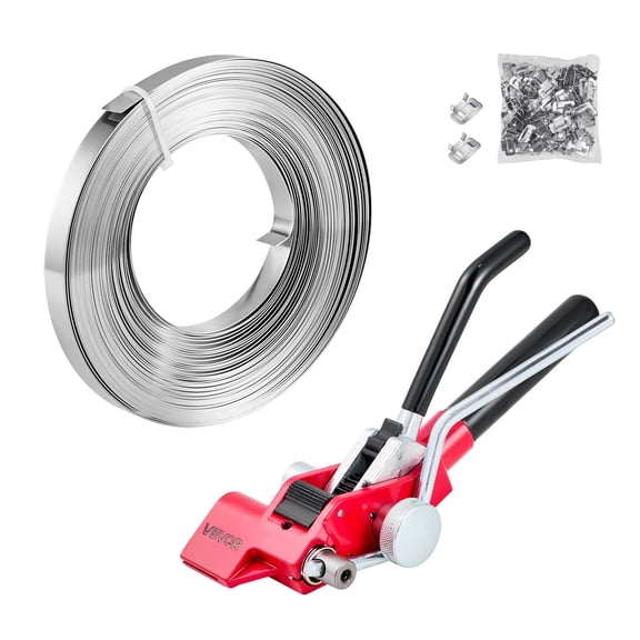 VEVOR Steel Banding Strapping Kit, Heavy Duty Banding Sealer Tool with 100 ft Binding Straps, 100 Metal Clasps, Manual Pallet Packaging Strapping Kit for Warehouse, Transportation,Industrial Bundling