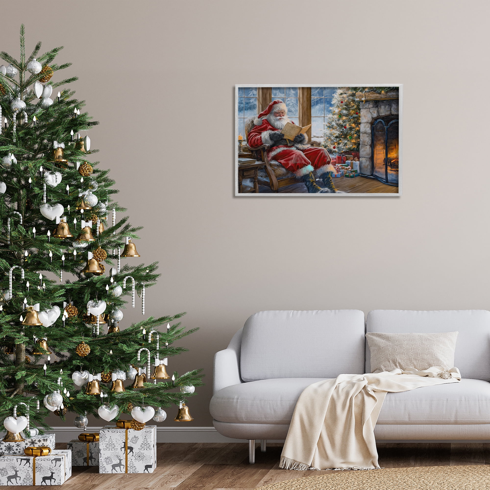 Stupell Industries Santa Reading by Fire Holiday Painting Gray Framed Art Prints Wall Art, 30 x 20