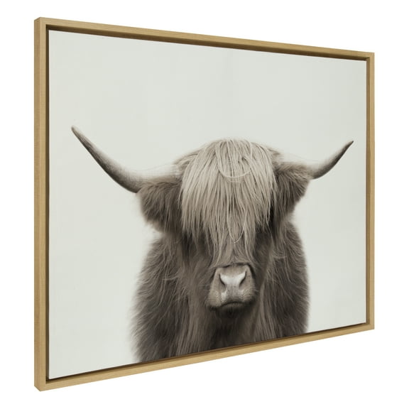 Kate and Laurel Sylvie Hey Dude Highland Cow Color Framed Linen Textured Canvas Wall Art by The Creative Bunch Studio, 31.5x41.5 Natural, Rustic Animal Wall Decor Art Piece