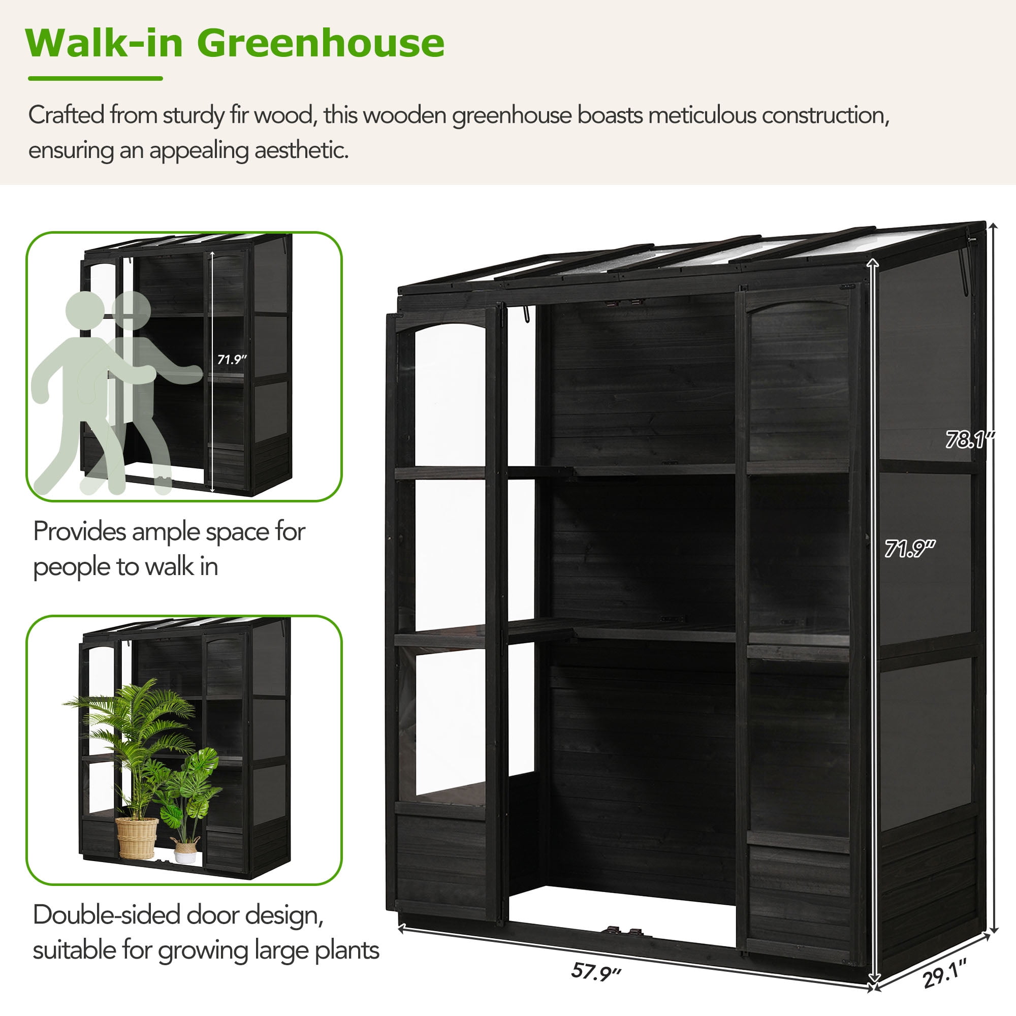 Mintazer 78" Walk-In Greenhouse, Outdoor Plant Gardening Greenhouse with 4 Independent Skylights & 2 Folding Middle Shelves, White