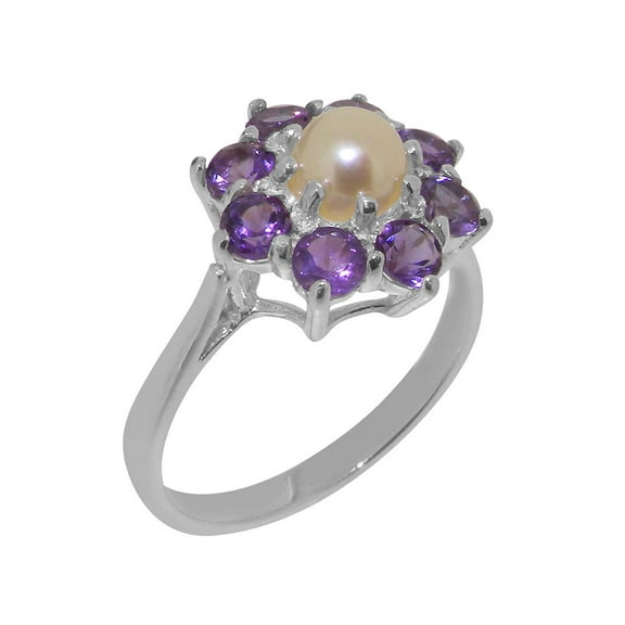 LBG British Made 14k White Gold Cultured Pearl & Amethyst Womens Statement Ring - 33 size options - Size 10