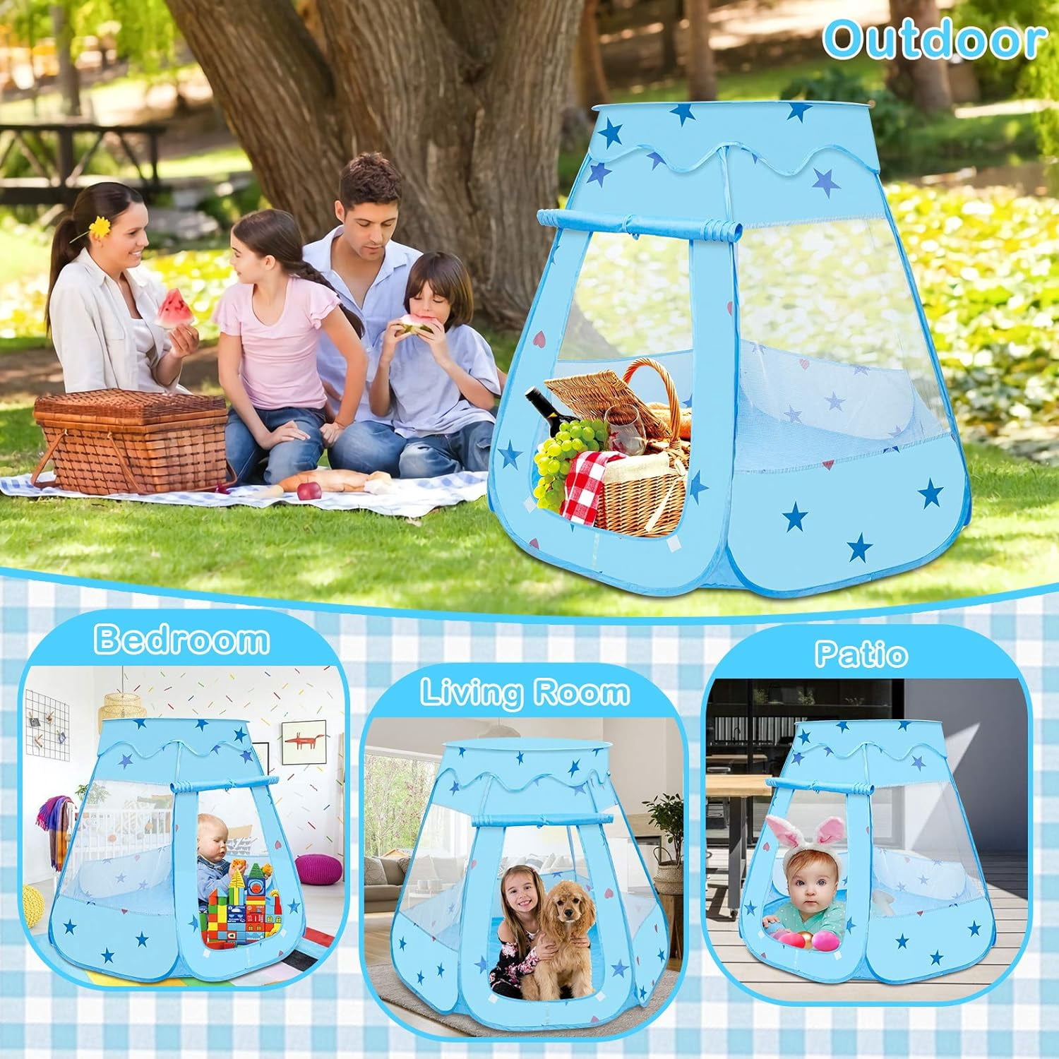 Ucradle Princess Playhouse Tent for Toddlers and Girls, Indoor & Outdoor Pop Up Play Tent for Kids, Foldable Ball Pit with Carrying Bag, Birthday Gifts for 1-3 Years Old Toddlers and Girls, Blue