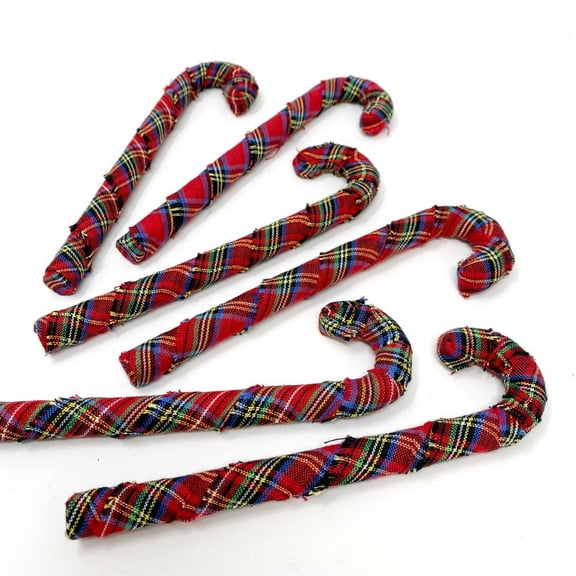 Red Tartan Plaid Homespun Fabric Wrapped Candy Cane Christmas Ornaments - Set of 6 by Marilee Home