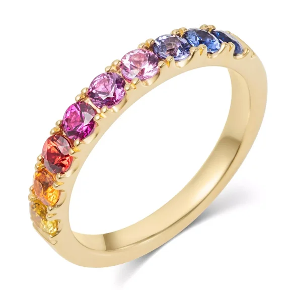 1 Ct Round Rainbow Sapphire Half Eternity Ring 14K Yellow Gold Over sterling silver, Multi Sapphire Eternity Band Sapphire Gemstone Ring Colorful Eternity Matching Ring Stackable Jewelry Birthday