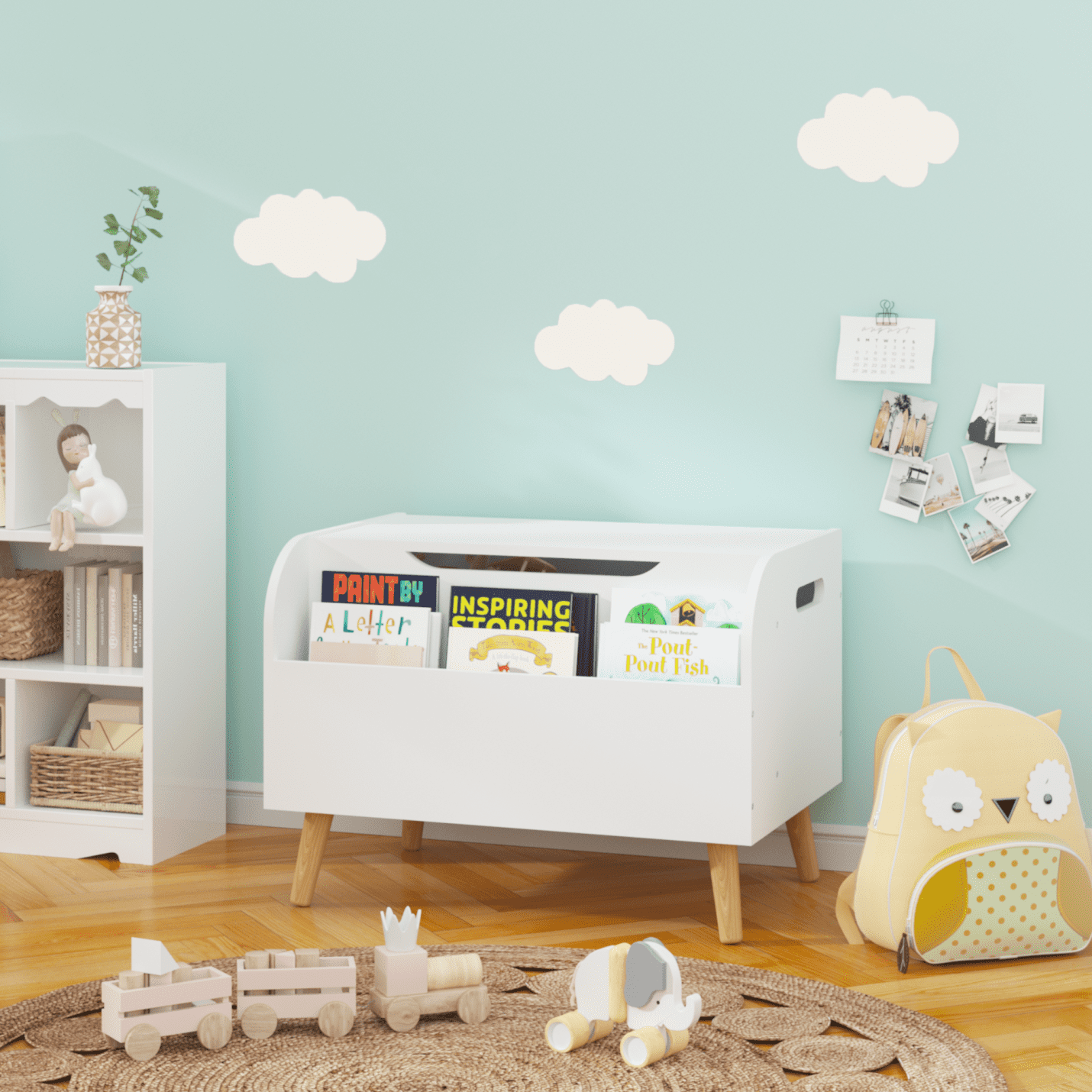 Wooden Toy Box with 4 Legs, Kids Toy Storage Organizer with Front Bookshelf, Flip-Top Lid, Safety Hinge, Boys Girls Toy Chest Bench for Playroom Kids Room Organization (White)