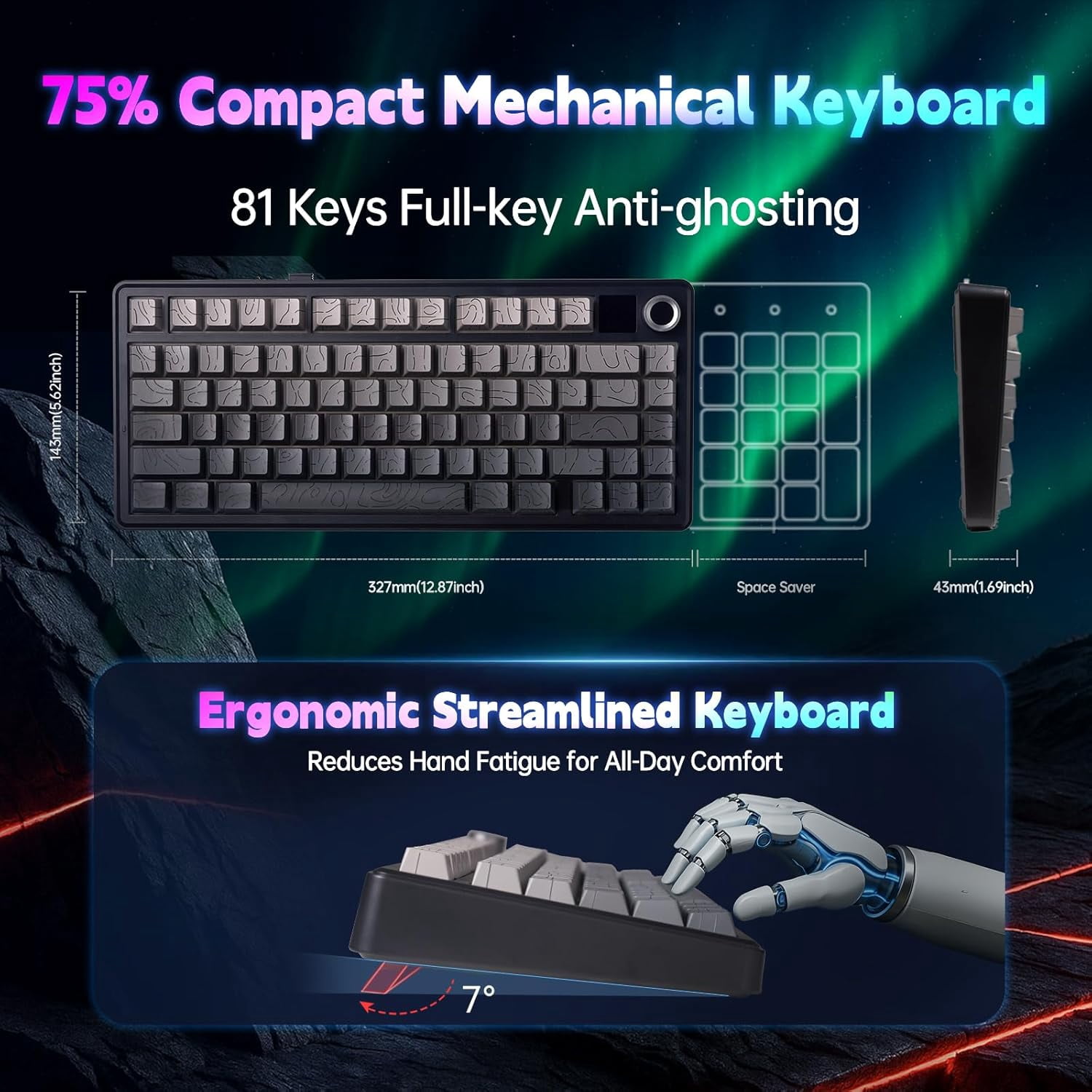AULA F75 Max, 81-Key, Wireless, Hot Swappable, Mechanical Gaming Keyboard, RGB, Knob, 4000 mAH Battery, Digital Screen